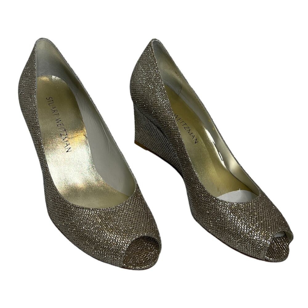 Stuart Weitzman Wedge Womens 8.5 Gold Glitter Peep Toe Pump Formal Dress Shoes - Picture 2 of 10